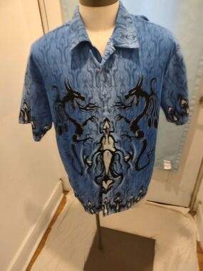 Blue Dragon-Print Short Sleeve Men’s Shirt Steve And Barry Large